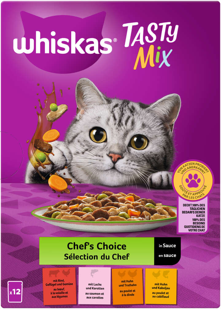 whiskas Katzen-Nassfutter TASTY MIX Portionsbeutel Multipack Chef's Choice in Sauce 12 x 85g